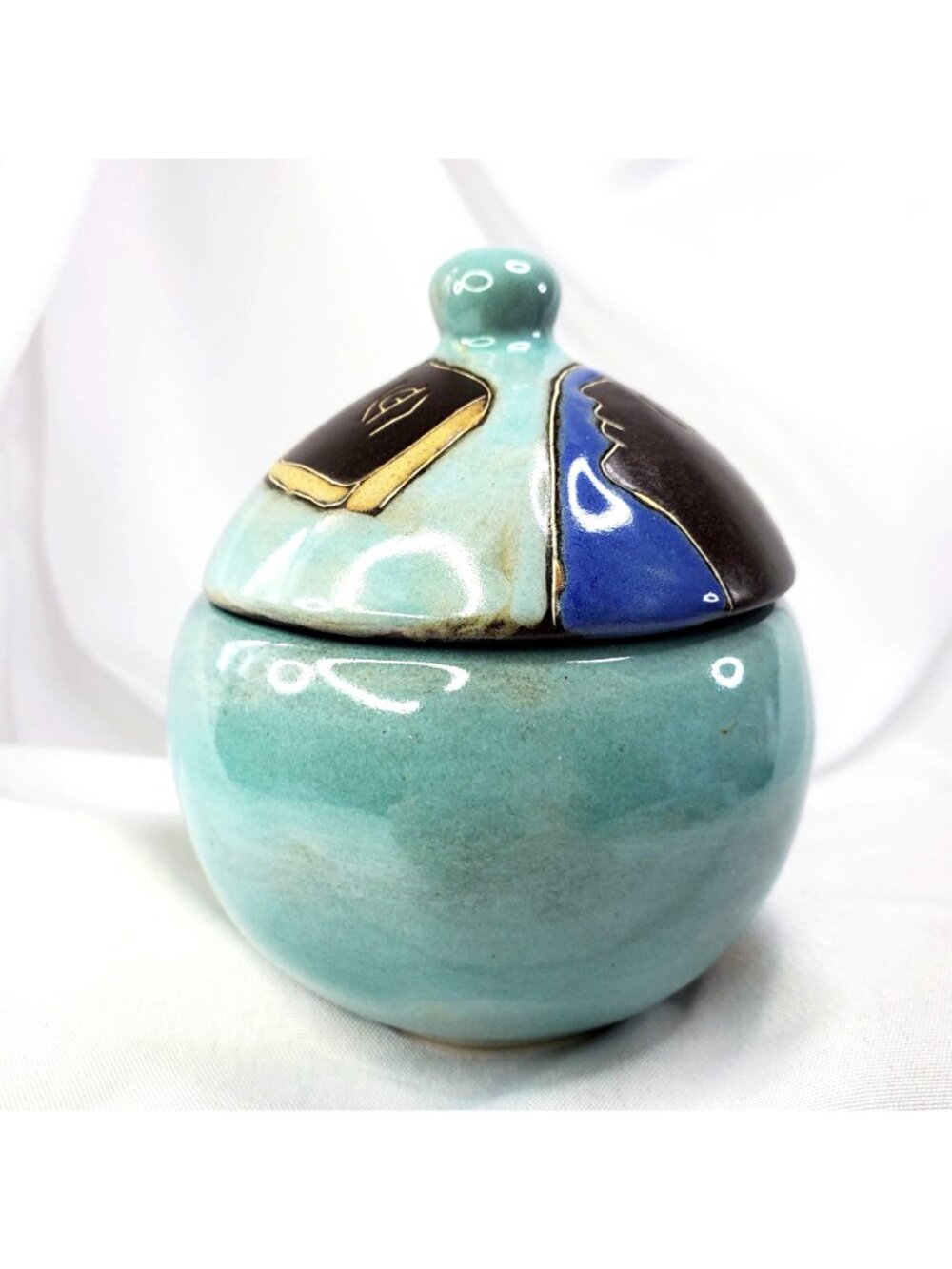 Mara Signed Mex Lidded Sugar Bowl Two Faces Abstract Stoneware Pottery Mexico - Picture 2 of 15